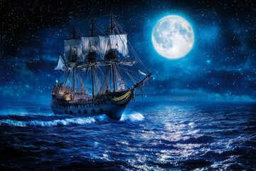 Fototapeta premium A majestic ship sails across a moonlit ocean under a starry sky, evoking a sense of adventure and exploration.