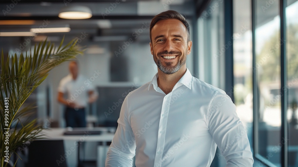 Poster Professional Man Smiling in Modern Office Setting