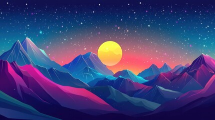 Obraz premium Abstract Mountain Range Silhouette at Sunset with Stars and Full Moon - Digital Art Illustration.