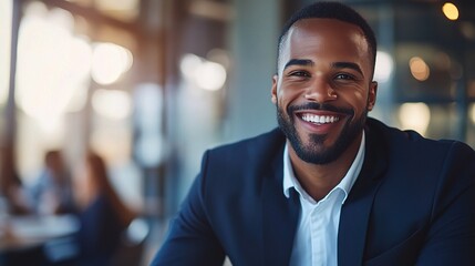 Obraz premium Confident Businessman with Bright Smile in Office Setting