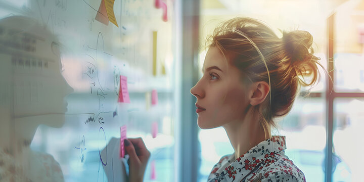 Woman Writing Ideas on Whiteboard in Office, Female Professional Planning Project on Whiteboard  
