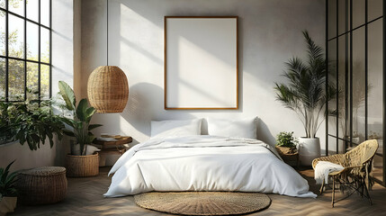 Boho Bedroom Design Ideas With Wicker Decor and White Bedding