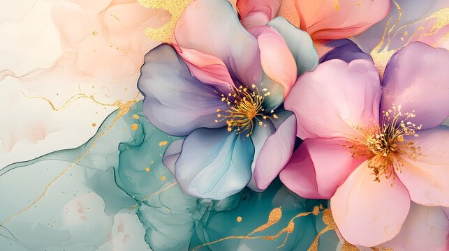 Fototapeta Alcohol ink art in pastel hues forming an elegant wallpaper design with floral elements