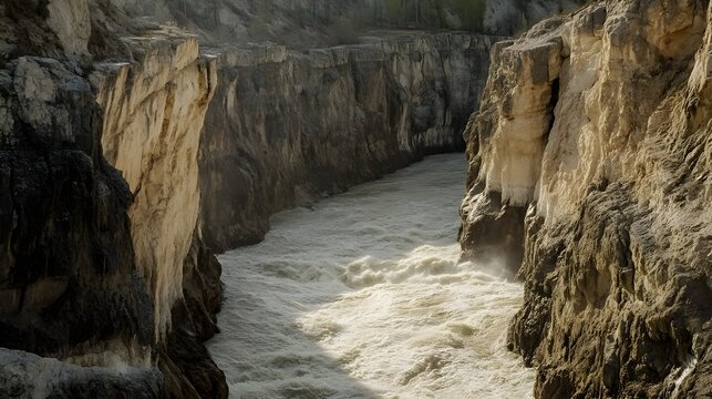 A dramatic canyon shaped by centuries of river flow, highlighting the enduring force of water as it sculpts and transforms the rocky terrain 
