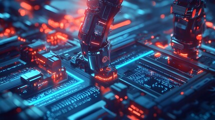 A high-tech illustration showcasing automation in cybernetic systems, visualizing the seamless control and operation of advanced cybernetic enhancements, emphasizing precision and efficiency 