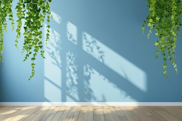 Obraz premium Bright Airy Background Featuring Soft Green Foliage Shadows on Blue Wall