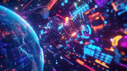 Futuristic spaceship orbiting a digital Earth, with glowing neon lights.