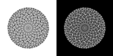 Abstract background with abstract line pattern in circles. Spiral art design as a logo or icon. A black figure on a white background and the same white figure on a black side. Mandala design with line