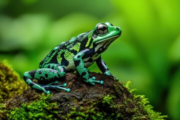 Obraz premium Colorful frog on moss-covered log