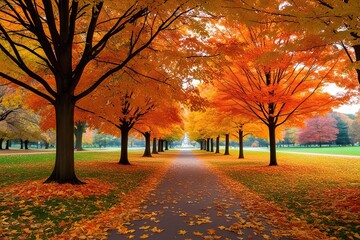 Fototapeta premium Enchanting Autumn Landscape Featuring Lush Orange and Golden Foliage in a Picturesque Park