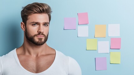 Innovative young man creating a flowchart on a whiteboard during a brainstorming session with colorful markers and sticky notes