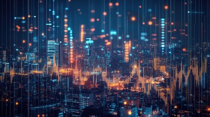 Obraz premium Futuristic Cityscape with Digital Graphics at Night