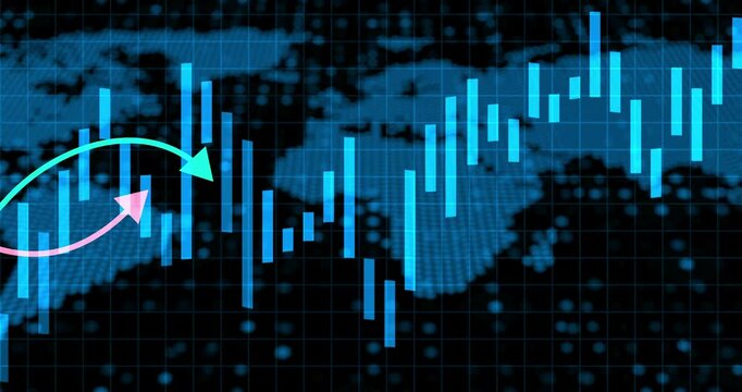 Stock market, blue and arrow for finance with bar graph for supply chain, commodity price increase or decrease. Chart information, digital and stats of economic inflation, cost and value or rates.