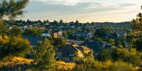 Scenic suburban neighborhood at sunset