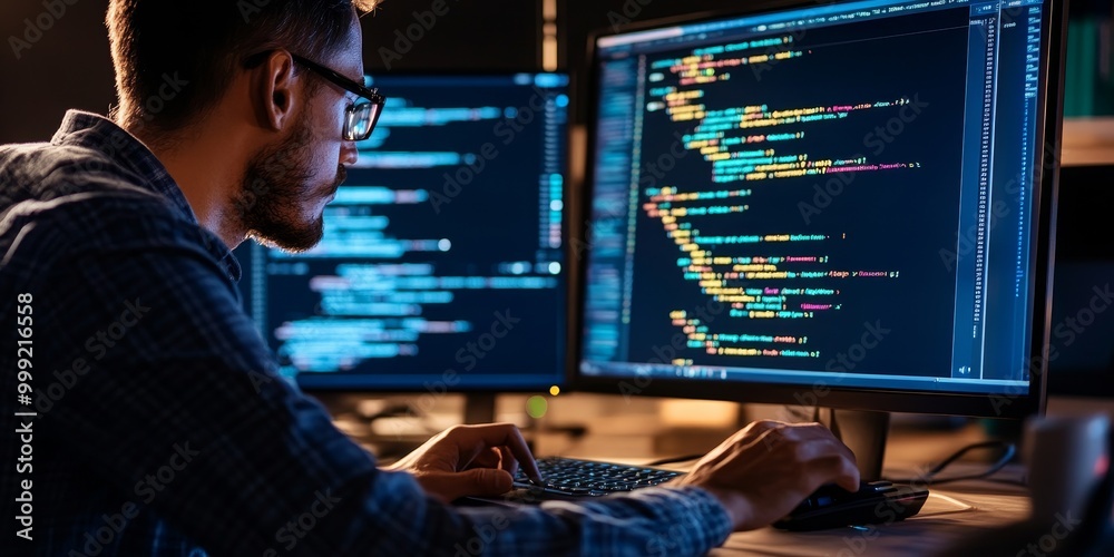 Poster Detailed view of a developer integrating a back-end framework, API endpoints and database connections in focus, illustrating complex web development processes.
