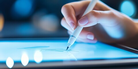 Detailed view of a tablet stylus in use, drawing precise lines on the screen, showing off an artistic interface for digital creativity tools.