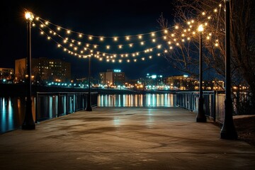 Fototapeta premium Illuminated walkway by the water at night