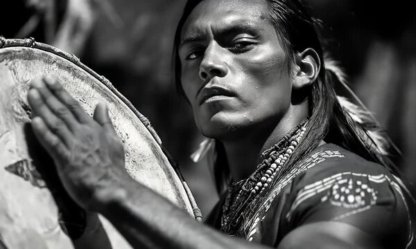 Zuni Indian Playing Drum in Ceremony