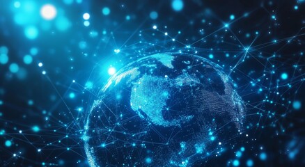 Obraz premium Blue Digital Globe with Global Network of White Lines and Dots Connecting Nodes Across the Earth, Representing Technology and Connectivity