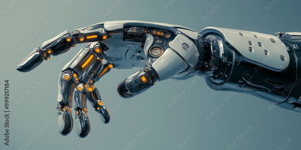 Aufkleber a sleek robotic arm, featuring a modern design with intricate joints and sensors for precise, dexterous movements.