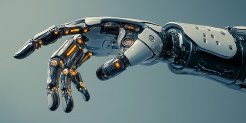 a sleek robotic arm, featuring a modern design with intricate joints and sensors for precise, dexterous movements.