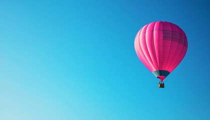 Naklejka premium A vibrant pink hot air balloon floats against a clear blue sky, symbolizing adventure and leisure.