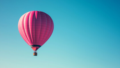 Fototapeta premium A vibrant pink hot air balloon floats against a clear blue sky, symbolizing adventure and leisure.