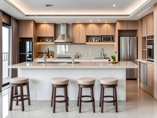 Interior design of pool villa, house, home, condo and apartment feature round stool, kitchen counter and kitchenette
