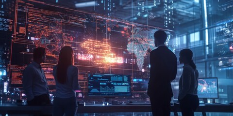 A diverse business team collaborating on a project in a high-tech corporate environment.