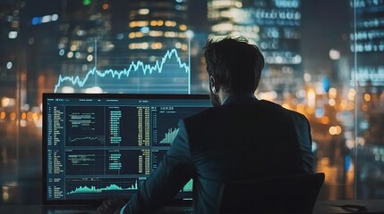 Businessman Analyzing Data in Modern Office at Night