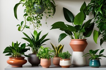 Obraz premium Artisanal Pots with Unique Indoor Plants Displayed on Contemporary Shelves for Lush Foliage Decor