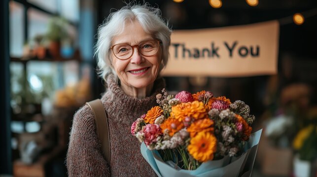 Elderly French woman celebrates joyful retirement with flowers and heartfelt gratitude from colleagues in her office
