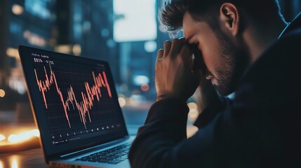 Emotional Trader Analyzing Market Data at Dusk