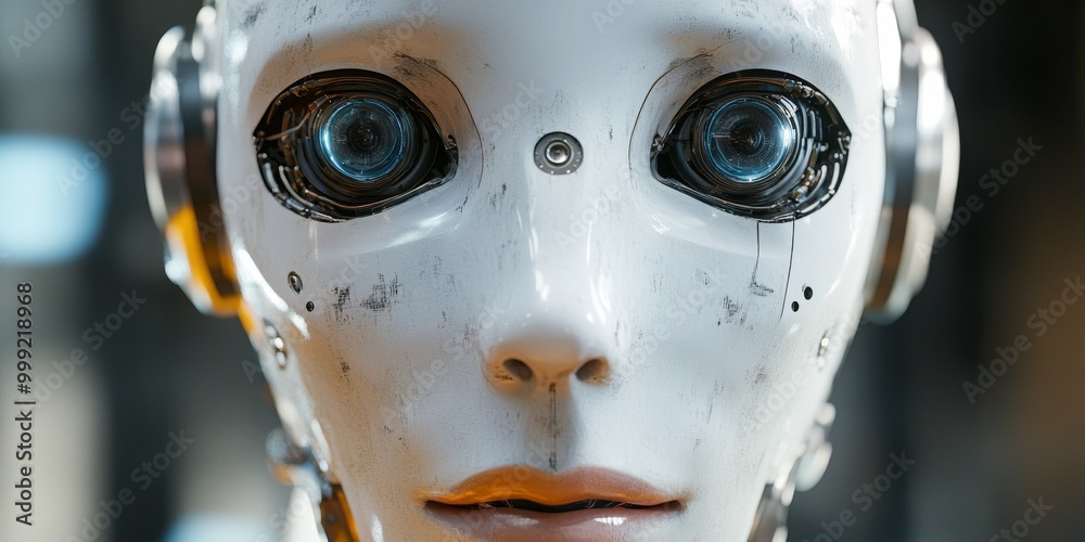 Poster a humanoid robot's face, showcasing advanced design with lifelike features and expressive capabiliti