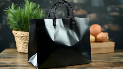 Black Paper Bag with Twisted Handles on a Wooden Table