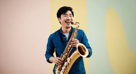 Fototapeta premium Joyful young Asian musician with a saxophone playing happily against a pastel yellow background