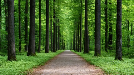 Obraz premium Serene Forest Path with Sunlight Dappled Through Trees