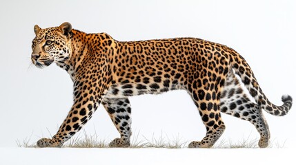 A spotted leopard on a white background