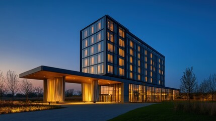 modern glass and steel hotel building at night
