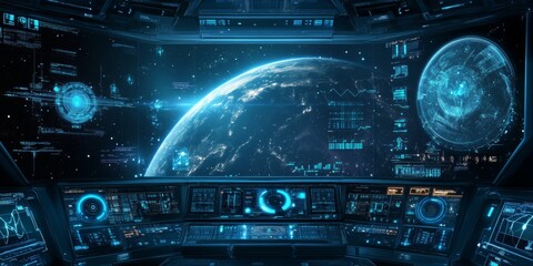 Obraz premium Interactive space command interface, showcasing advanced celestial charts, digital readouts, and responsive control panels.