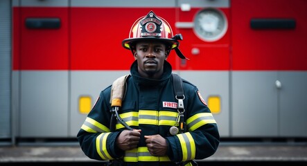 Fototapeta premium Proud young Black firefighter in uniform holding a helmet against a red background