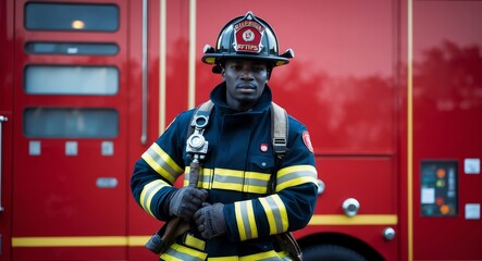 Naklejka premium Proud young Black firefighter in uniform holding a helmet against a red background