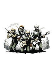 A zombie rock band playing instruments with smoke behind them.