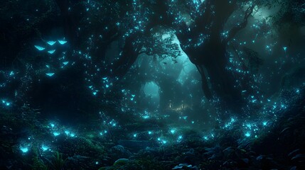 Obraz premium A magical scene of a nighttime forest teeming with bioluminescent life, showcasing vibrant, glowing plants and ethereal creatures casting soft light in the darkness, creating a captivating and 