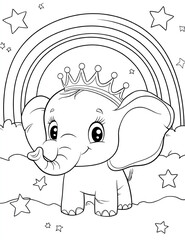 Obraz premium Coloring page for kids, a cute baby elephant with a crown on its head standing under a rainbow