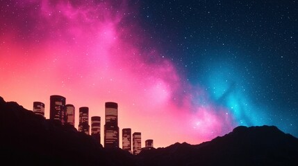 Futuristic City Skyline with Starry Night Sky and Glowing Neon Lights