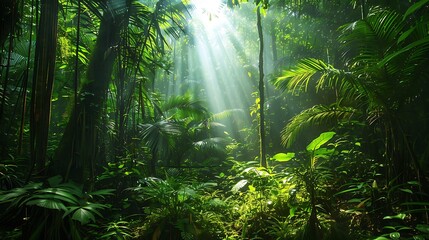 Obraz premium Sunlight beams through the dense foliage of a lush rainforest, illuminating the vibrant green hues of the ecosystem.