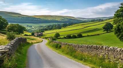 Naklejka premium Rolling green hills stretch into the distance, dotted with vibrant wildflowers and grazing sheep, with a meandering stream flowing gently through the idyllic countryside, ancient stone cottages 