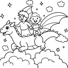 Two young boys ride on the back of a friendly dragon, flying through the clouds with stars in the background