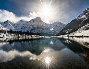 Snow-capped peaks reflected in a tranquil alpine lake during winter